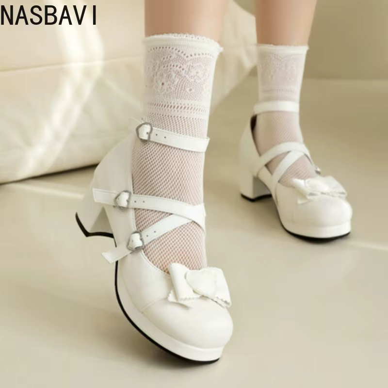 NASBAVI doux croix boucles Lolita pompes pour dames bloc talons hauts plate-forme fête de mariage Ma