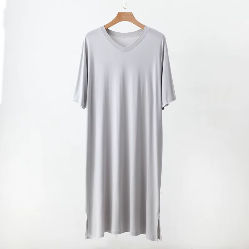 Chemise de Nuit en Coton Modal pour Homme, Col en V, Couleur Unie, Design Fin, Grande Taille, Printe