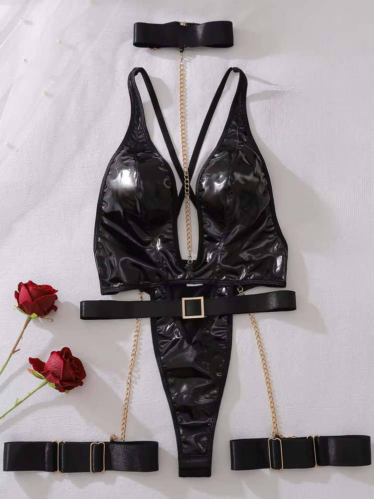 Lingerie sexy en cuir Belamimi pour femmes, style col suspendu, sous-vêtements exotiques sensuels, a