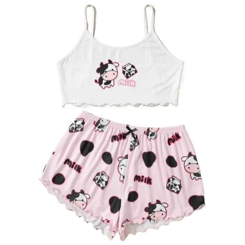 Mignon vache imprimé haut sans manches et short vêtements de nuit pour femmes 2 pièces pyjamas ensem