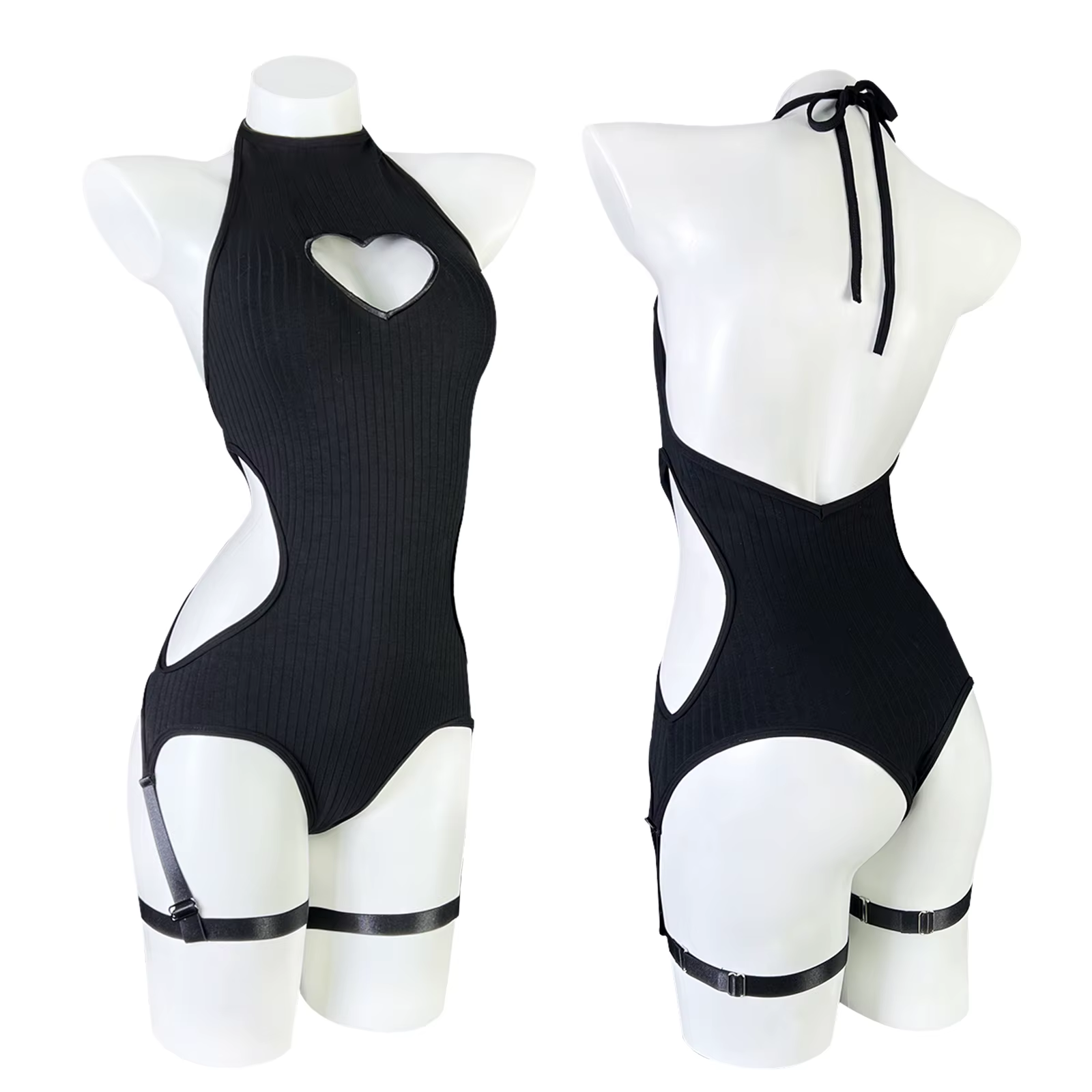 KORURACLUB femme lingerie noire tricot dos nu body corset coeur forme haut sexy egirl combinaison je
