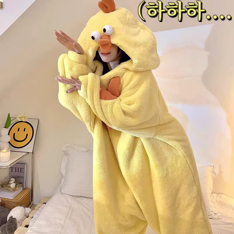 Nouveau pyjama dessin animé vêtements de nuit petit poulet jaune body corail polaire chaud confortab