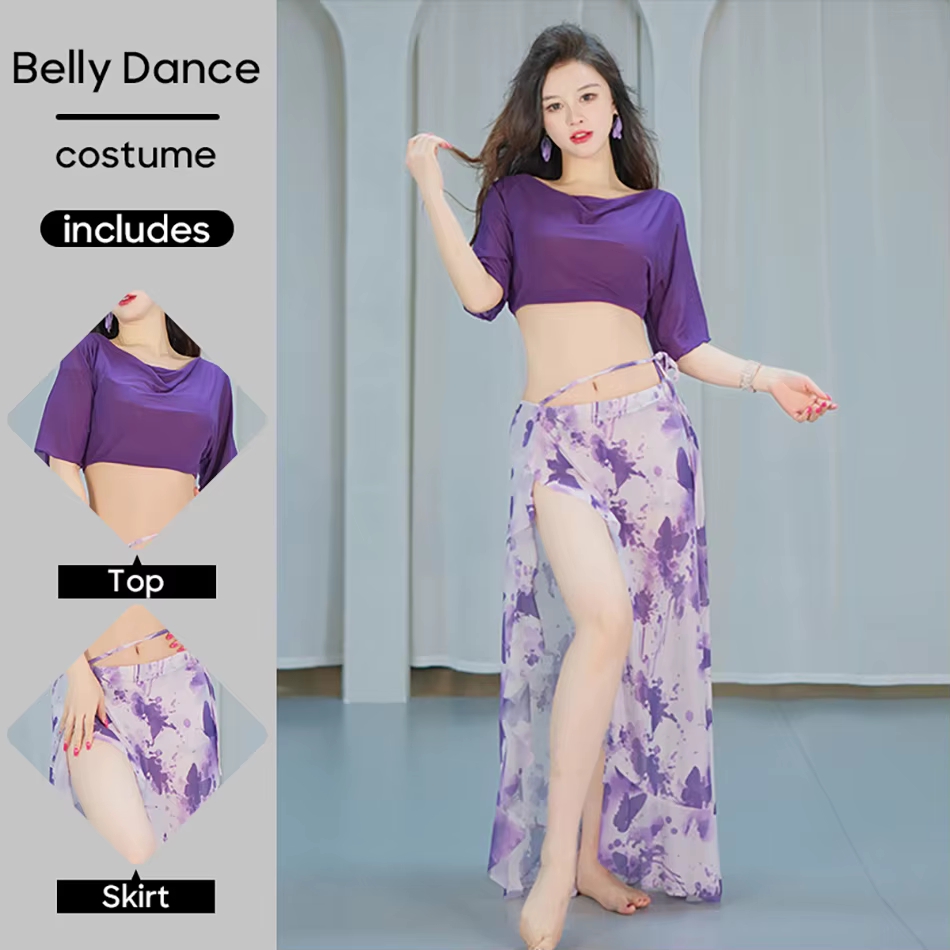 Costume de spectacle de danse du ventre pour femmes, haut + jupe fendue, Costume de danse, tenue de