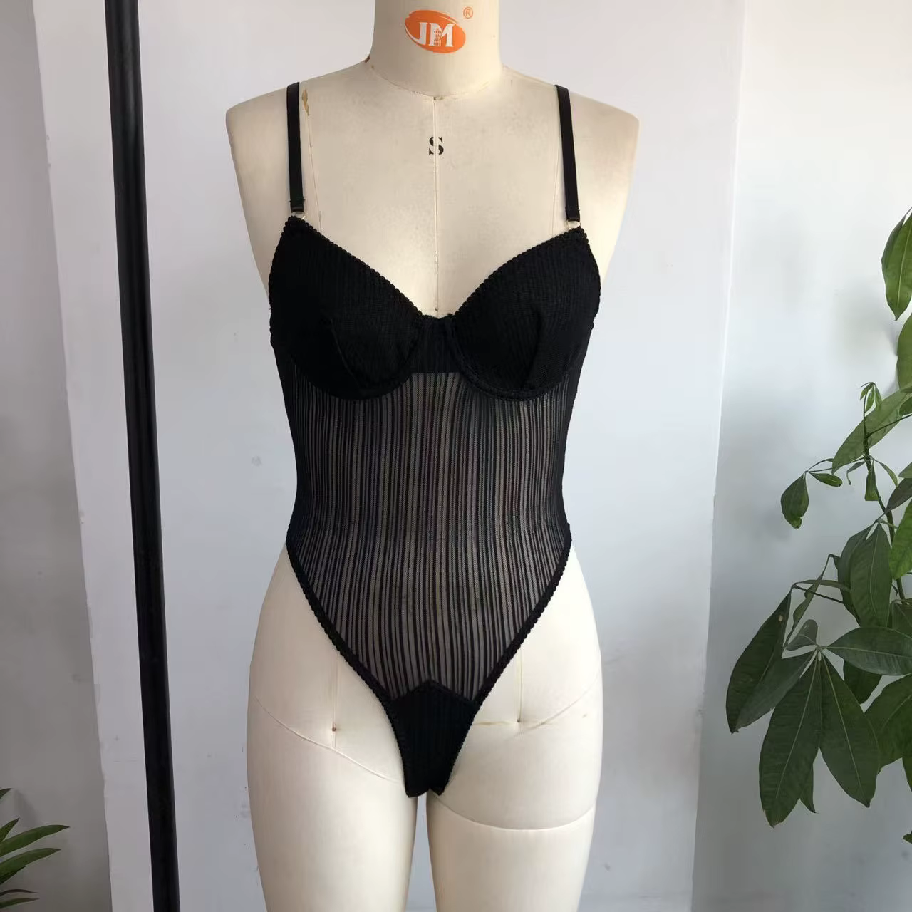 Body Corset séduisant en maille transparente, Lingerie ajourée, découpes à rayures, bretelles réglab