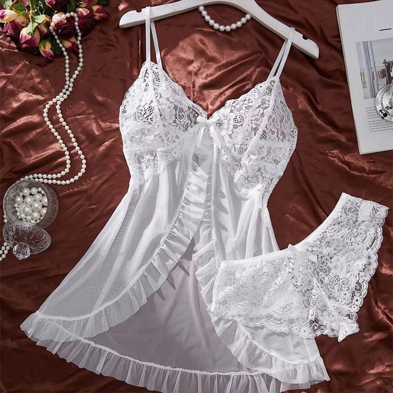Chemise de nuit en Tulle blanc Transparent, col licou, vêtements de maison pour femmes, ensemble pyj