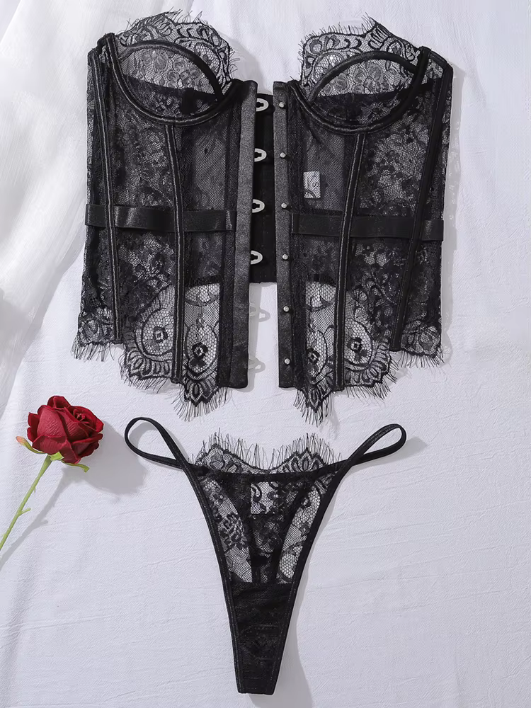 Belamimi – Lingerie sexy pour femmes, ensemble 2 pièces, corset sensuel, transparent, sans bretelles