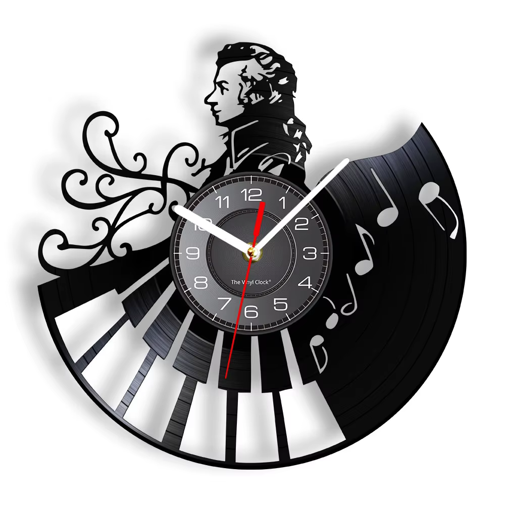 Horloge murale en vinyle avec motif de piano de Wolfgang Amadeus Mozart, décoration d'intérieur, hor