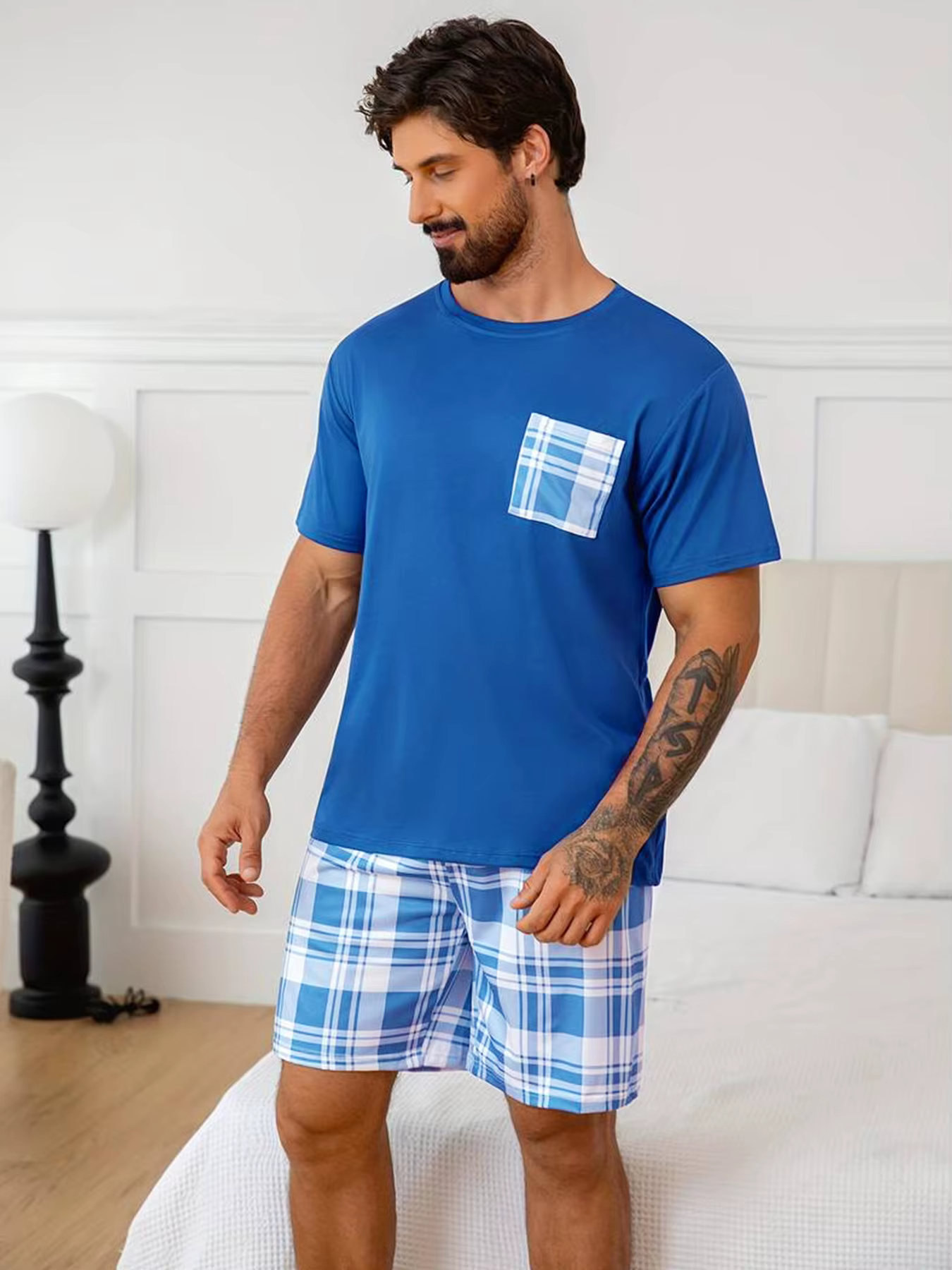 Pyjama élégant pour homme, ensemble 2 pièces, manches courtes et short à carreaux, vêtements de nuit