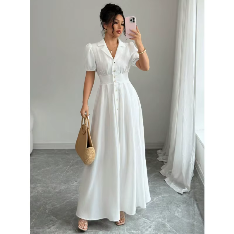 Robe longue maxi style corset blanc à la française pour femme, élégante, col en V, boutonnée, taille