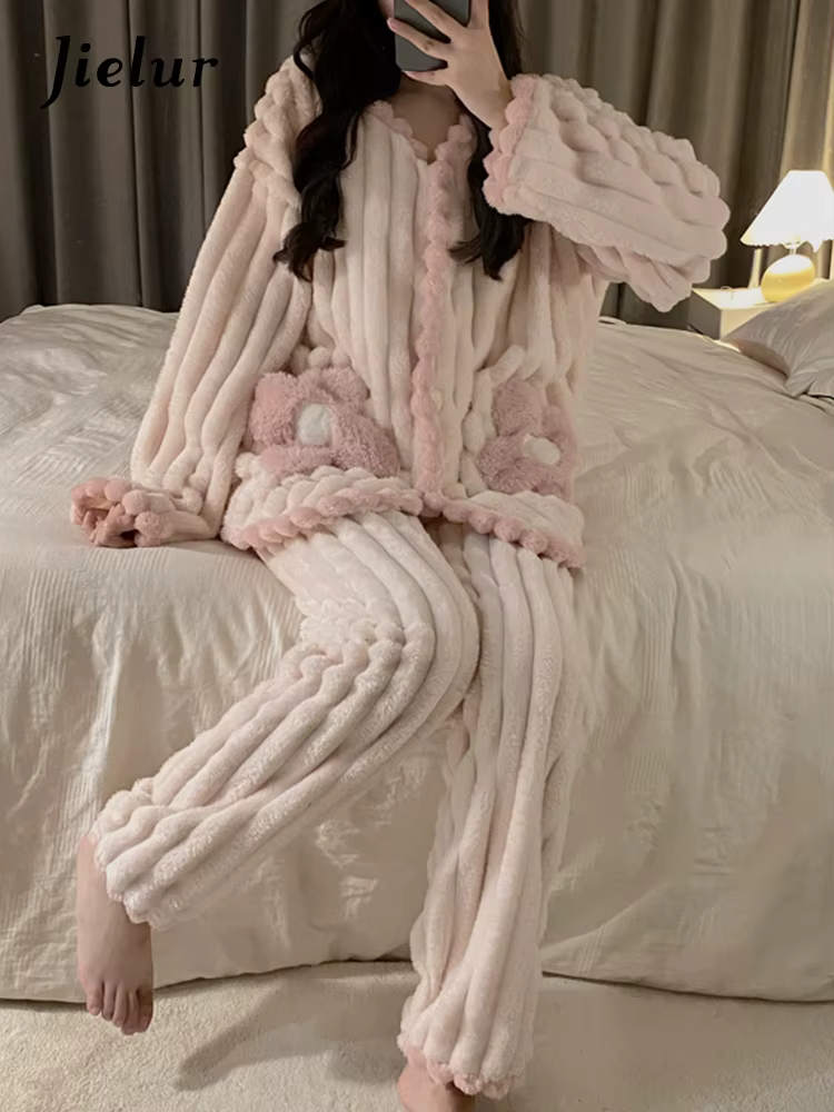 Jielur – pyjama d'hiver en flanelle pour femmes, couleur unie, vêtements chauds, épais, ensemble car