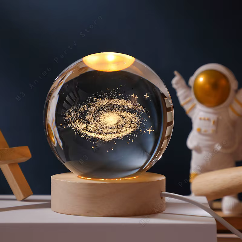 Lampe de chevet LED unique en forme de boule de cristal 3D, lampe galaxie lumineuse, planètes Saturn