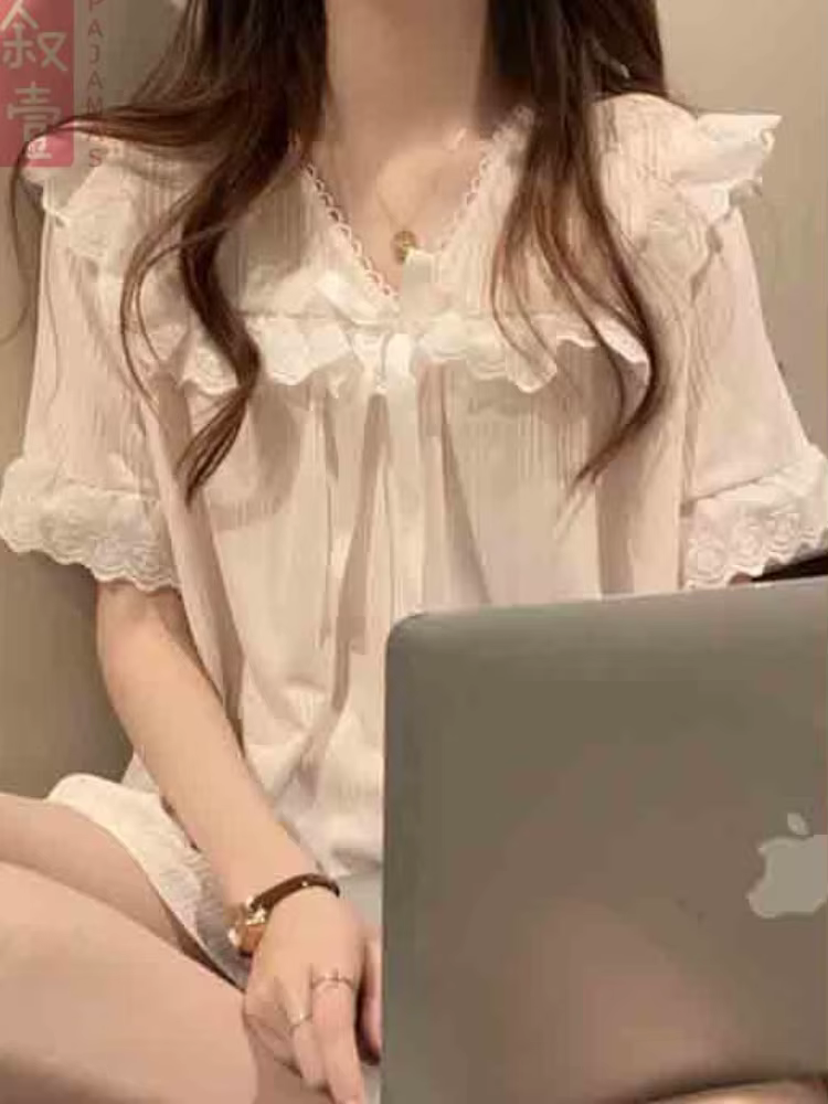 Pyjama ensembles femmes dentelle doux nœud princesse ample maison 5 couleurs mode tendre décontracté