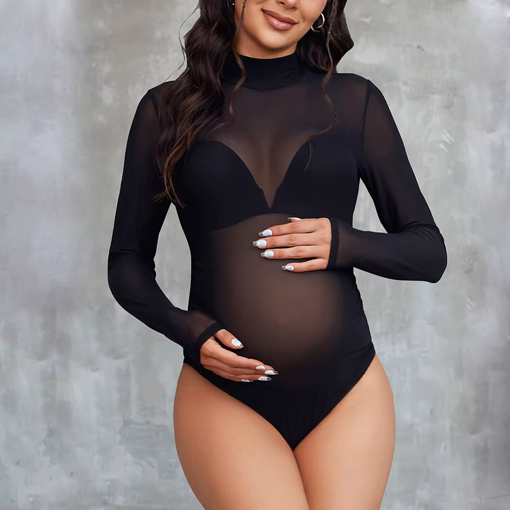 Vêtements de maternité à manches longues, Slim, serré, maille élastique, body transparent, col monta