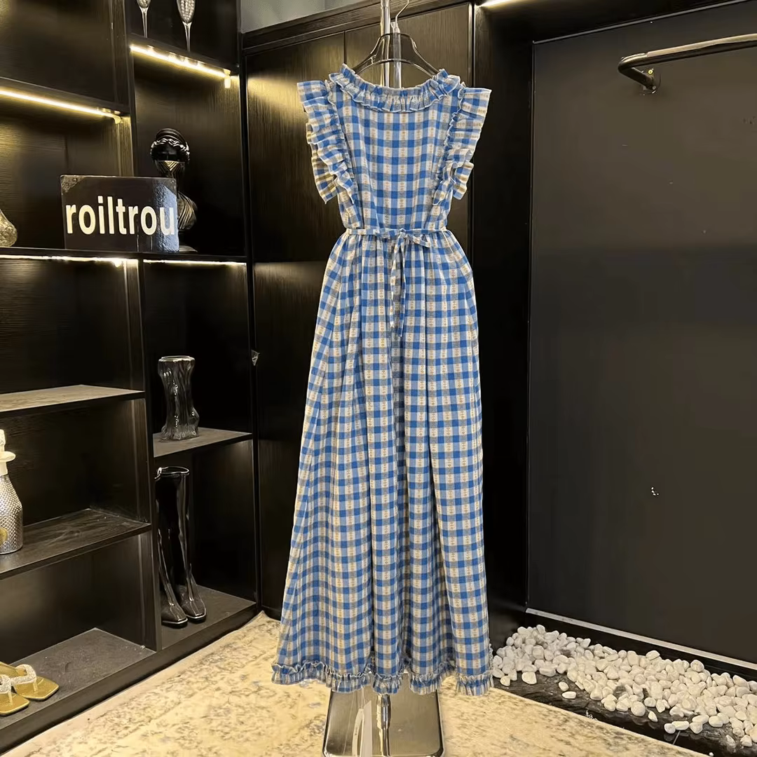 Robe en dentelle à carreaux romantique bleu français femme printemps et été nouvelle mode vent doux