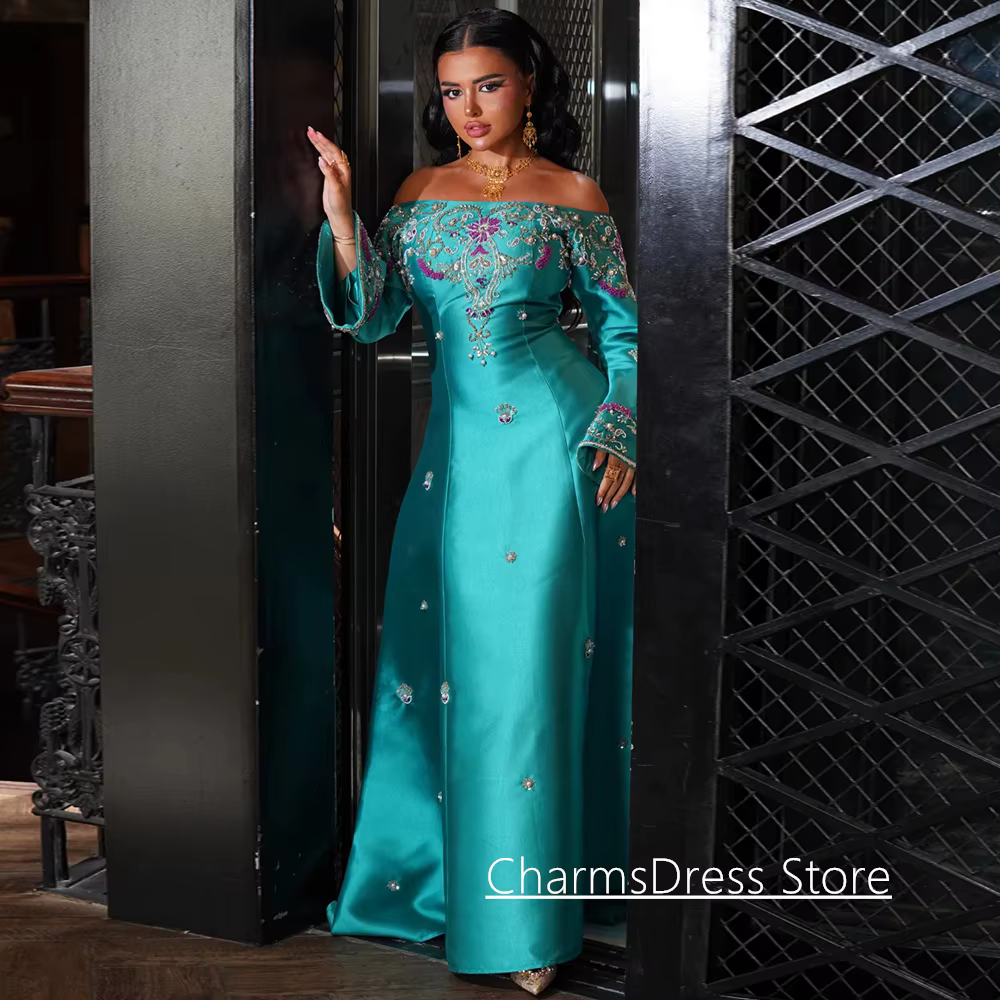 Robe de soirée scintillante, personnalisée, col bateau, manches longues, perles, cristal, traîne de