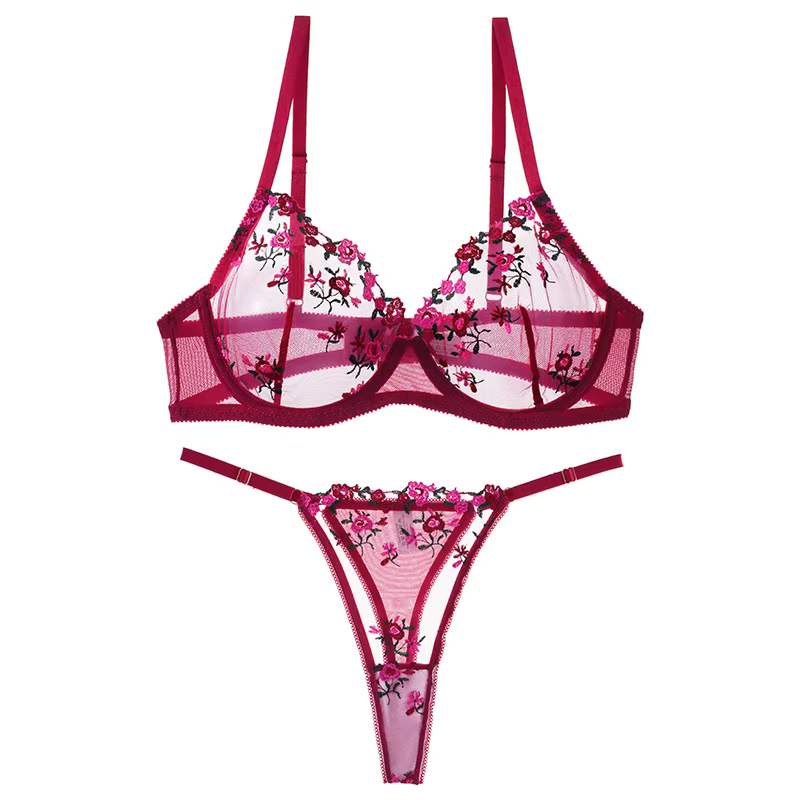 2025 nouveau vin rouge broderie fleur transparente Lingerie femme Push Up ventiler sous-vêtements G-