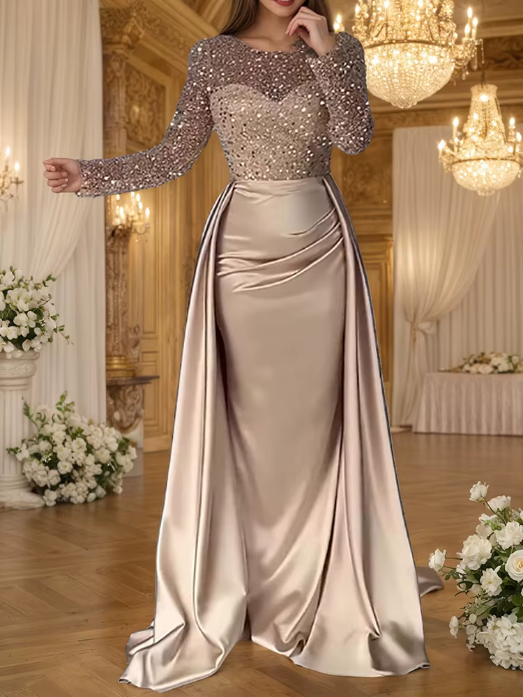 Robe de soirée glamour à paillettes pour femmes, col rond, manches longues, froncée, moulante, robe