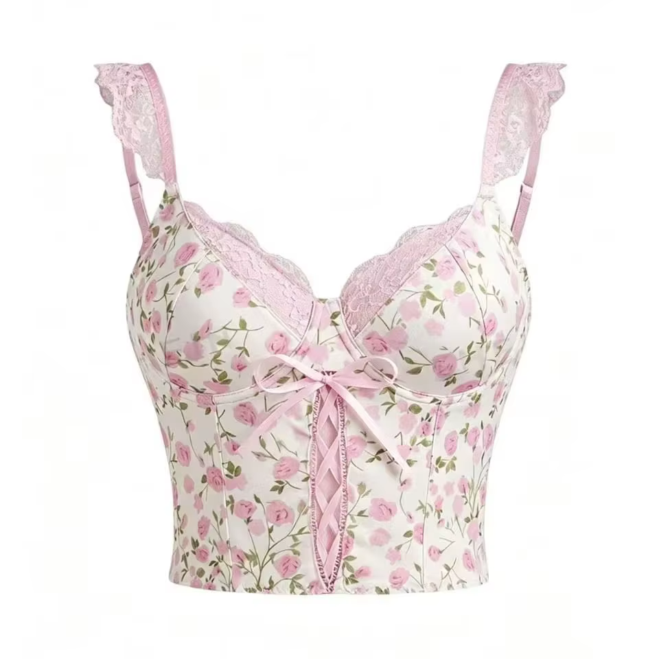 Haut corset à imprimé floral rose doux pour femme – Bustier court avec détail de nœud en dentelle, s