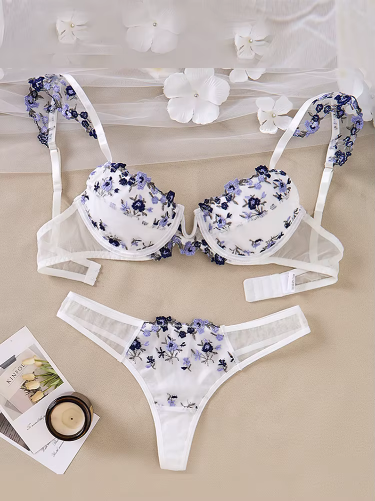Ensemble de lingerie sexy avec broderie florale, lingerie push up, soutien-gorge transparent, 2 pièc
