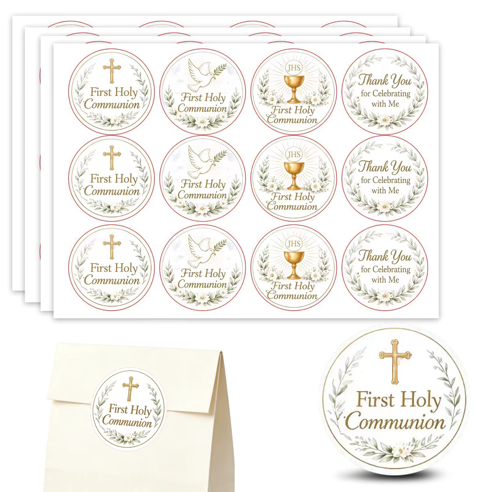 Autocollants de première communion, autocollants religieux pour fête de baptême, autocollants florau