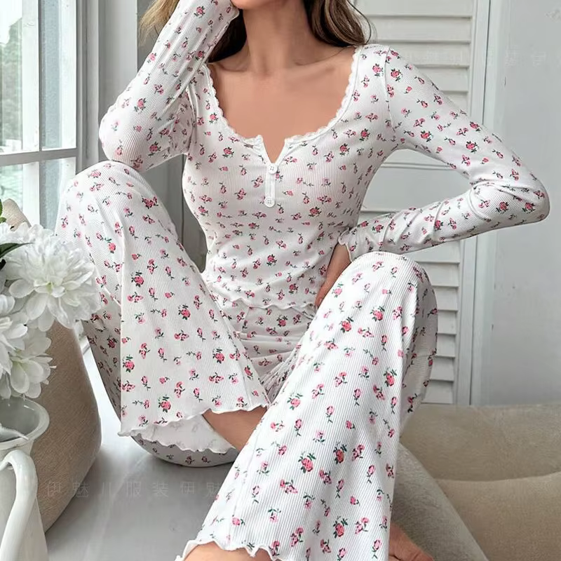 Ensemble pyjama pour femmes, doux et confortable, imprimé Floral, sexy, haut à manches longues et pa
