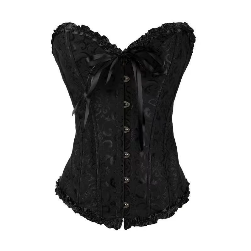 Corset noir jacquard pour femme, style vintage, bustier overbust, gaine sculptante à baleines, linge
