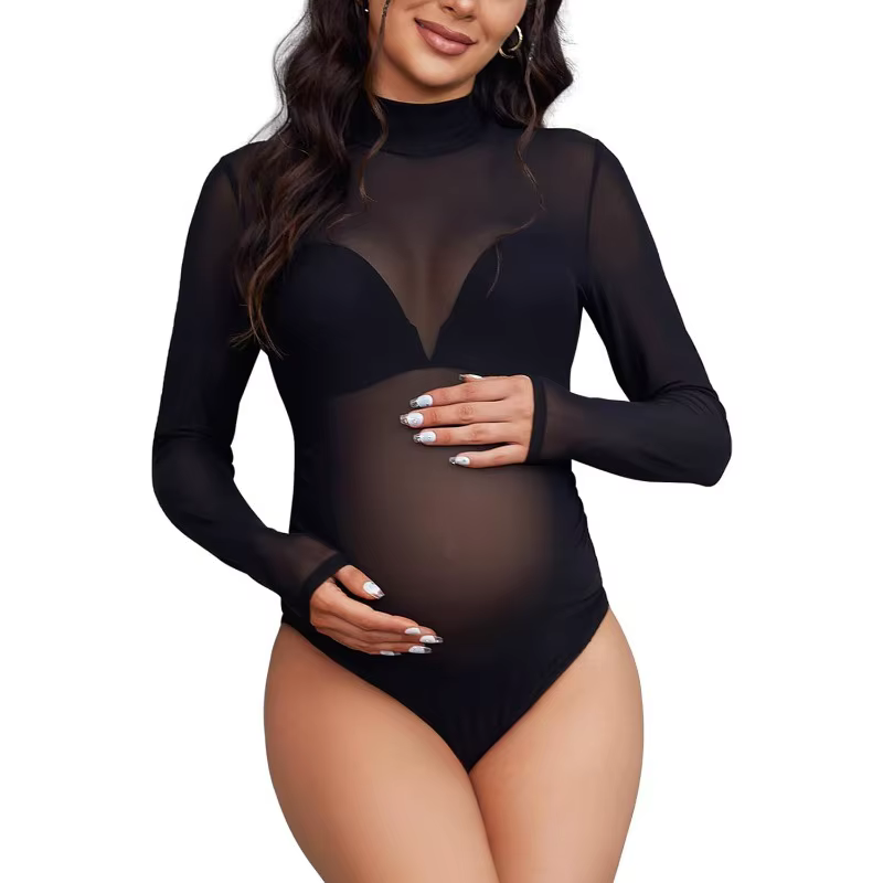 Body de séance photo de maternité, Lingerie noire extensible pour photos de grossesse, col montant t