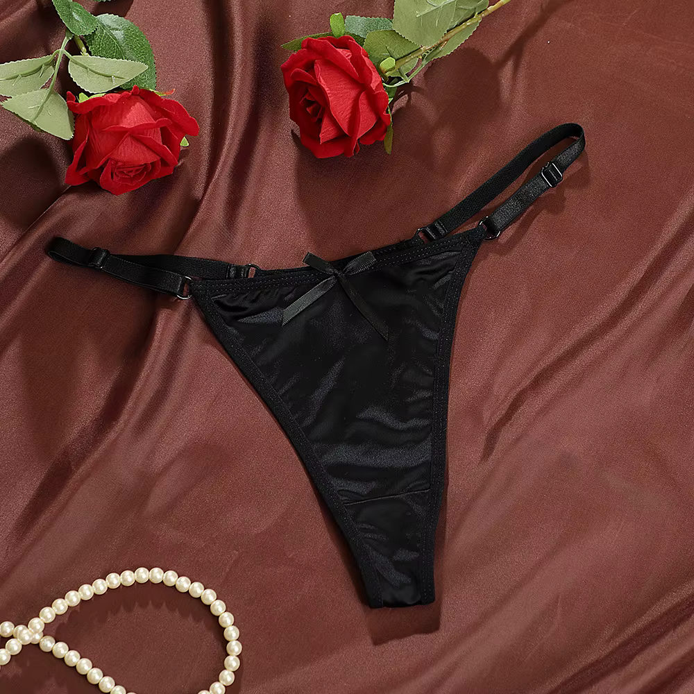 Strings sexy en satin pour femmes, culotte douce, taille basse, dos en T, sangle fine réglable, slip