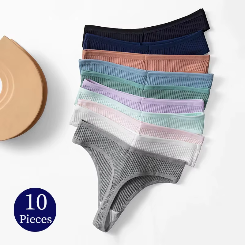 Lot de 10 tongs pour femmes, sous-vêtements sexy en coton, string de sport rayé, lingerie douce et c