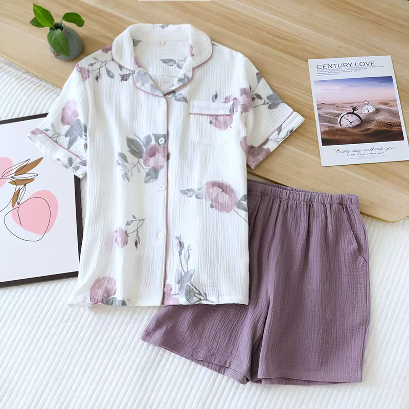 Pyjama en gaze de coton à manches longues pour femmes, ensemble de pyjama de printemps, vêtements de