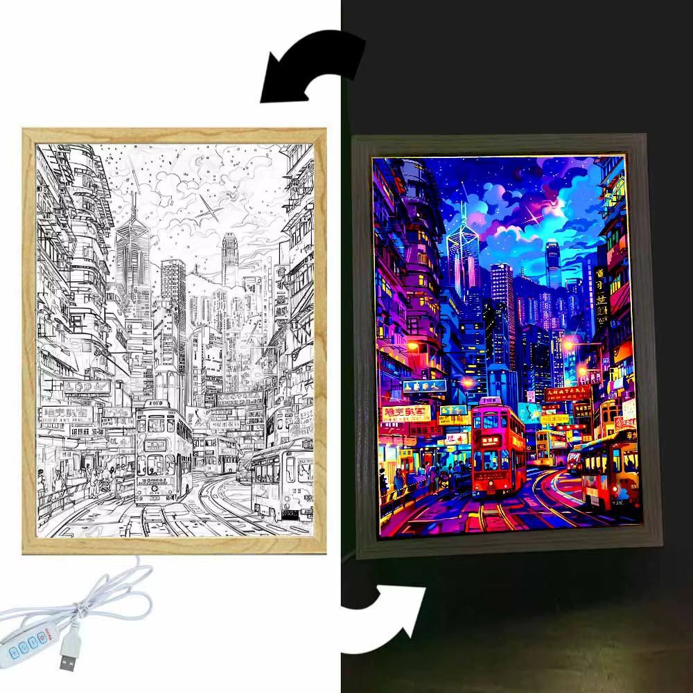Peinture lumineuse cadre Photo belle ville Hong Kong Led veilleuse mur maison décorer lampe Table de