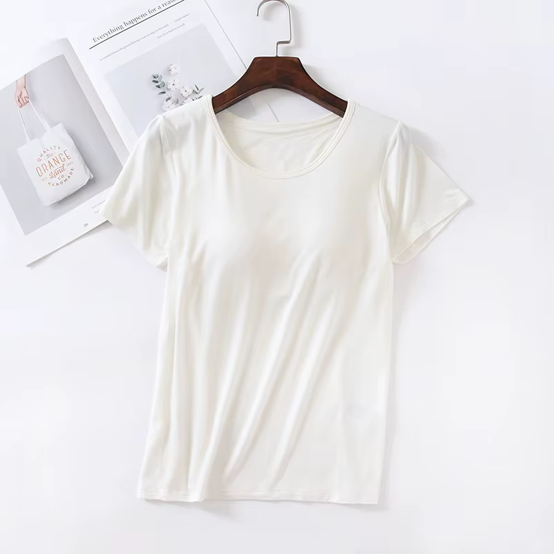 T-shirt à Manches Courtes pour Femme, avec Couche de Base de Buste Sans Fil Rembourré, Col Rond en Y