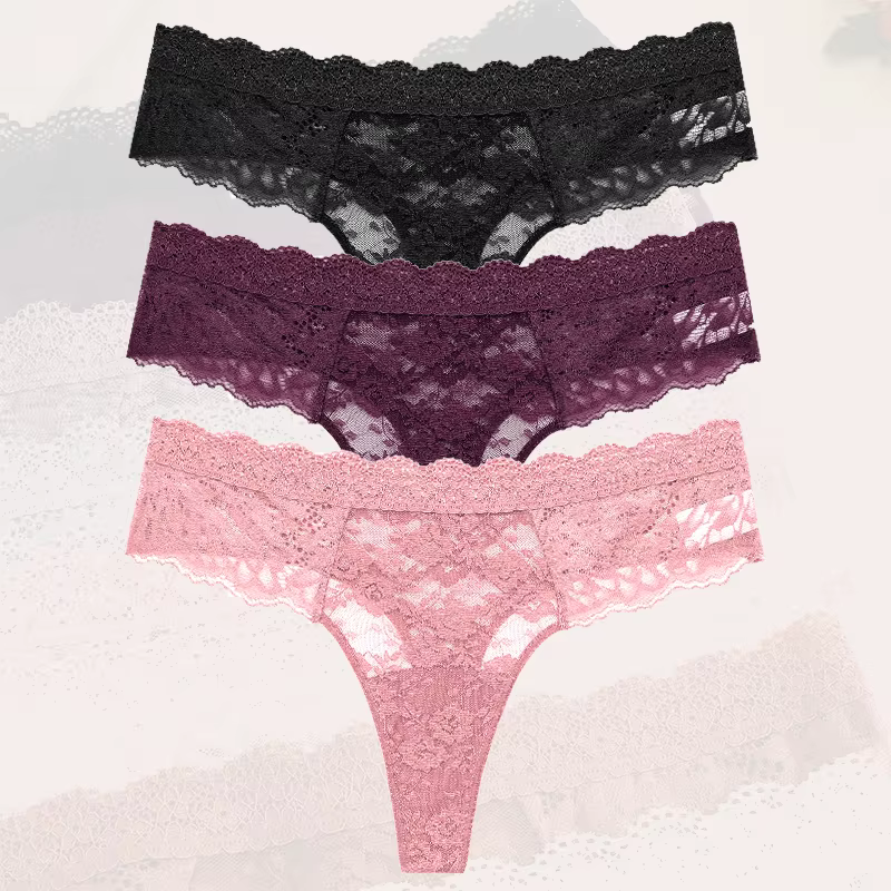 3 pièces dentelle Sexy tongs femmes taille basse slips Sexy doux dames sous-vêtements à la mode Flor