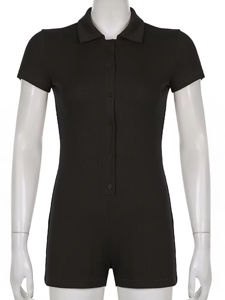 Combinaison noire côtelée à col rabattu pour femmes, body à manches courtes, simple boutonnage, bout