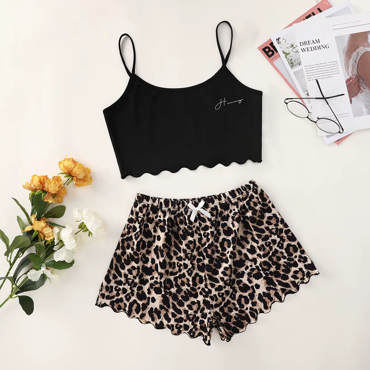 Ensemble pyjama pour femmes, Lingerie Sexy, imprimé léopard, écharpe, vêtements de nuit, col en v, h