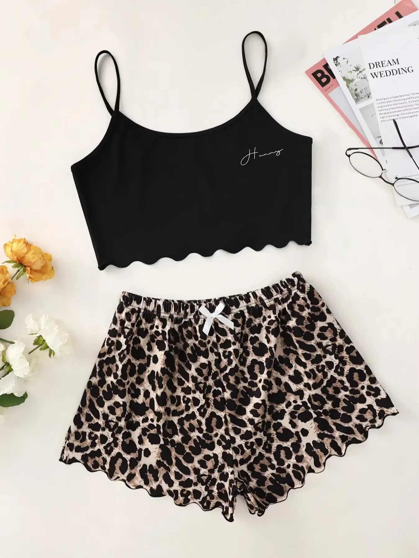 Ensemble pyjama pour femmes, Lingerie Sexy, imprimé léopard, écharpe, vêtements de nuit, col en v, h