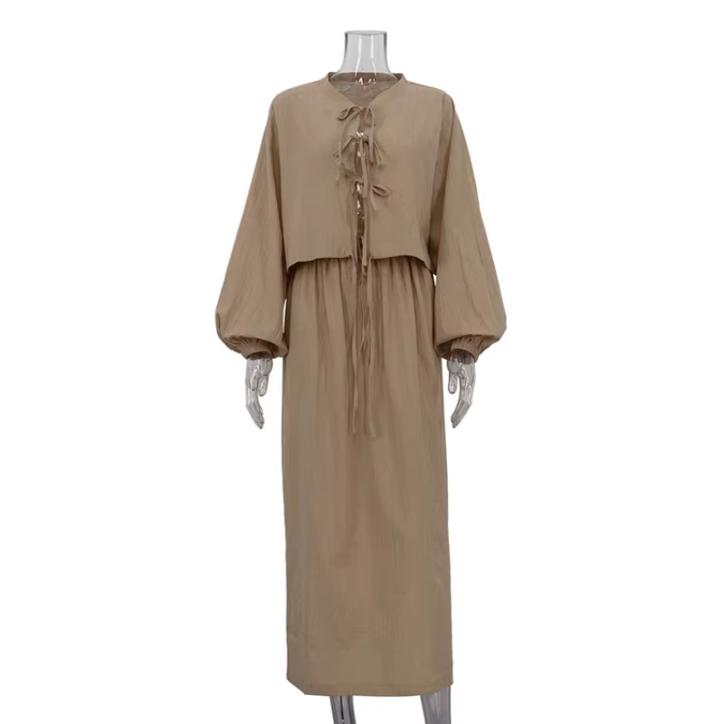 Ensemble 2 pièces vintage en lin 2026 : Blouse à manches bouffantes à nouer devant + Jupe longue – T