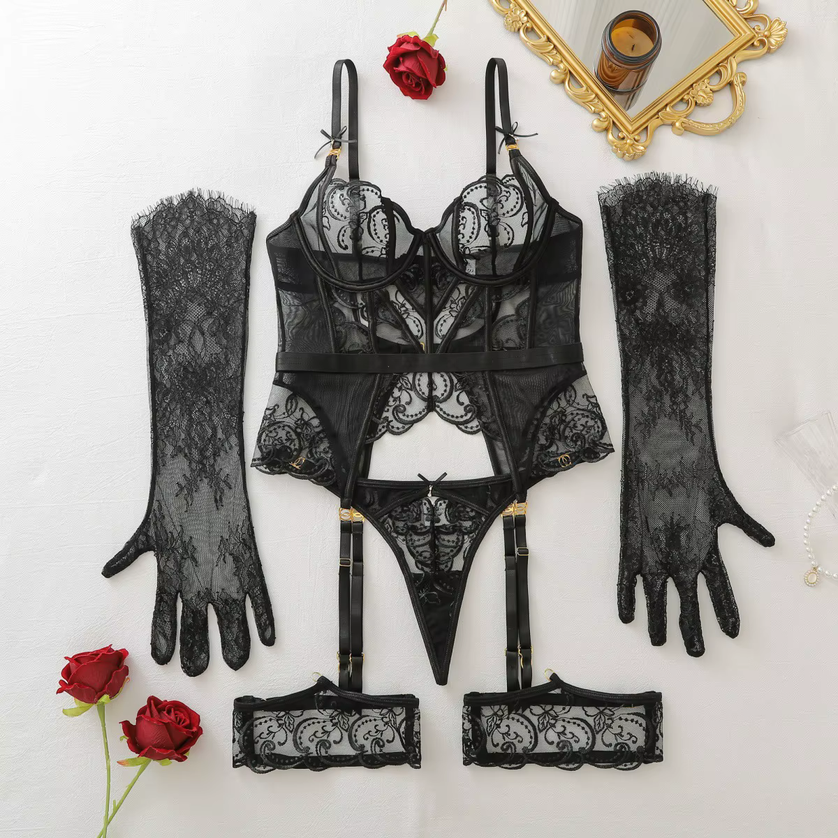Ensemble de lingerie de luxe transparente 4 pièces avec corset long en maille brodée, porte-jarretel