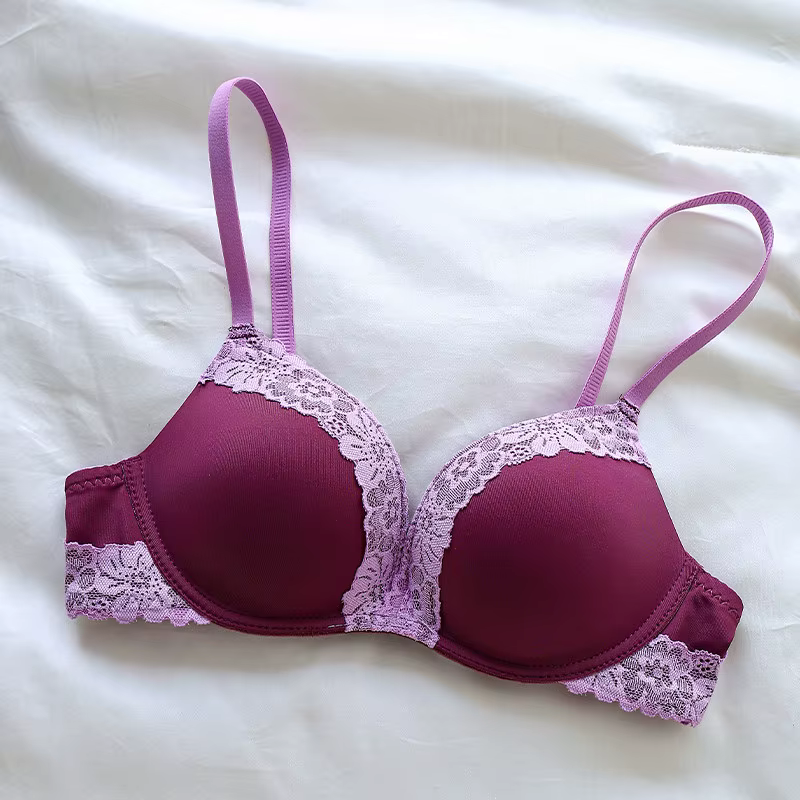 Soutien-gorge push-up réglable sans armatures pour femme, en dentelle française violette à imprimé l