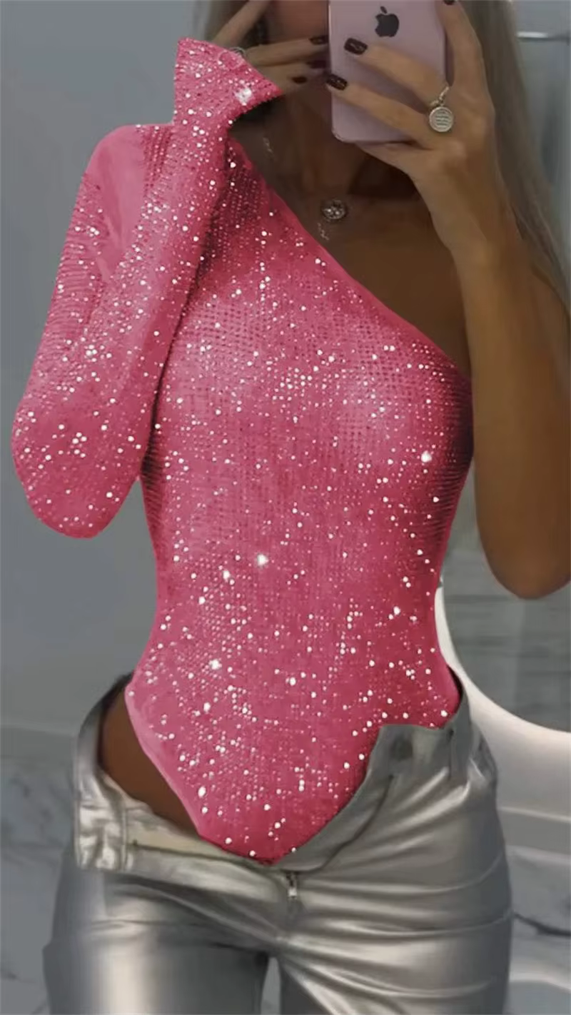 Mode paillettes fille chaude body femmes Sexy une épaule serré strass coupe ajustée Chic body dame C