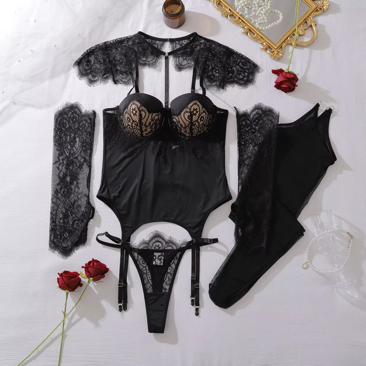 Ensemble de lingerie féminine Cougar, corset exotique et string 2 pièces avec gants et bas, tenue co
