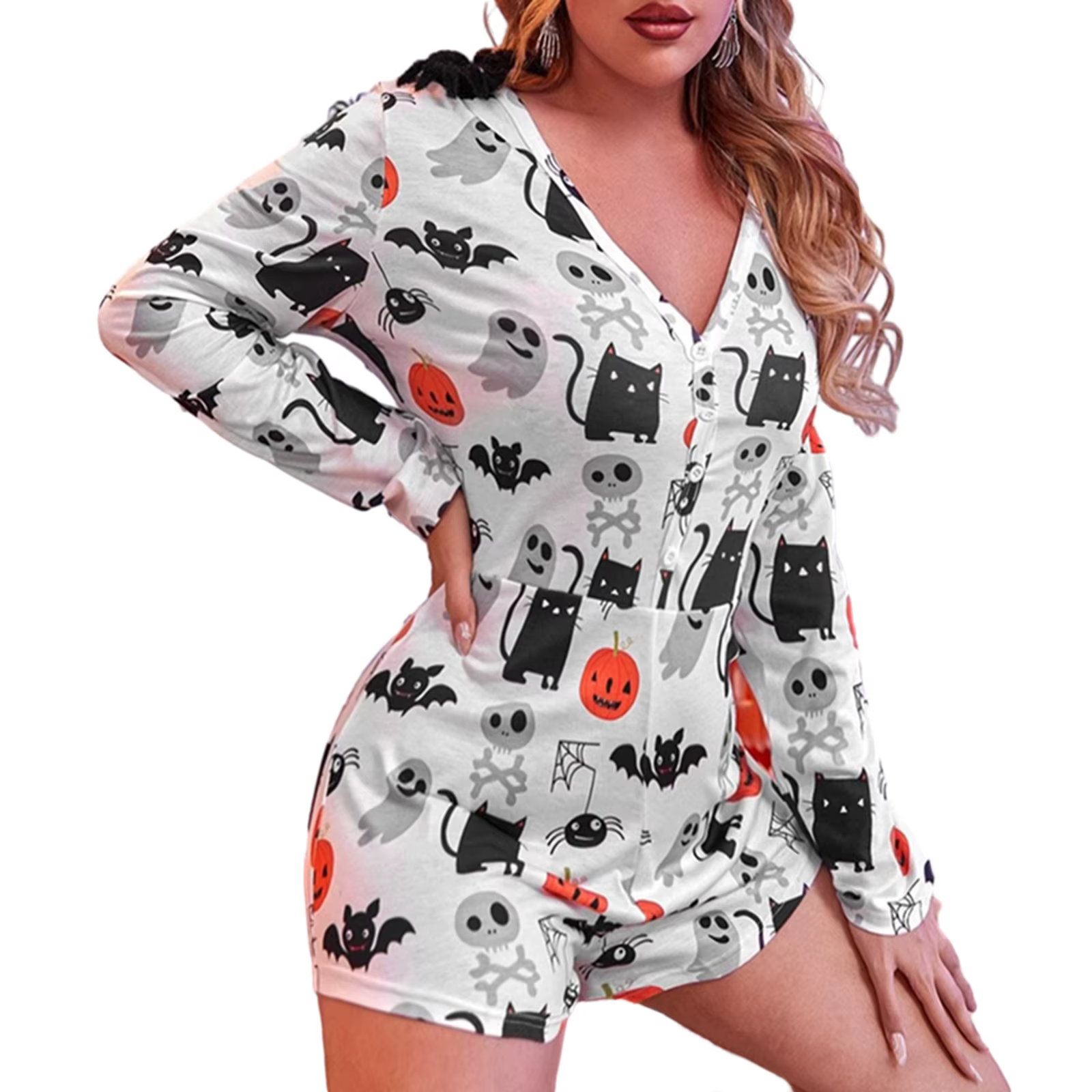 Pyjama d'Halloween à Manches sulfet Col en V Profond pour Femme, Barboteuse, Combinaison, Short, Vêt
