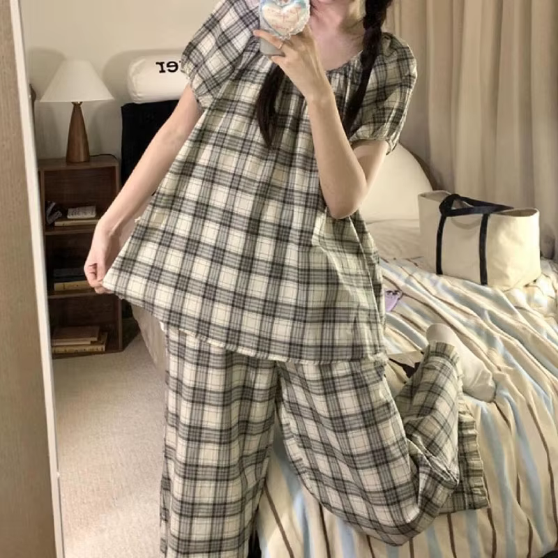 Pyjama à carreaux pour femmes, ensemble deux pièces, manches courtes, pantalon, été