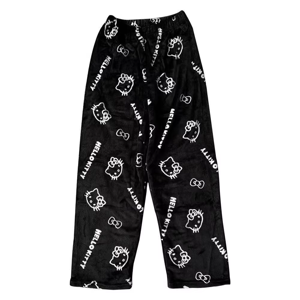 Pyjama en flanelle Hello Kitty, pantalon thermique noir, vêtements de détente tendance, pantalon déc