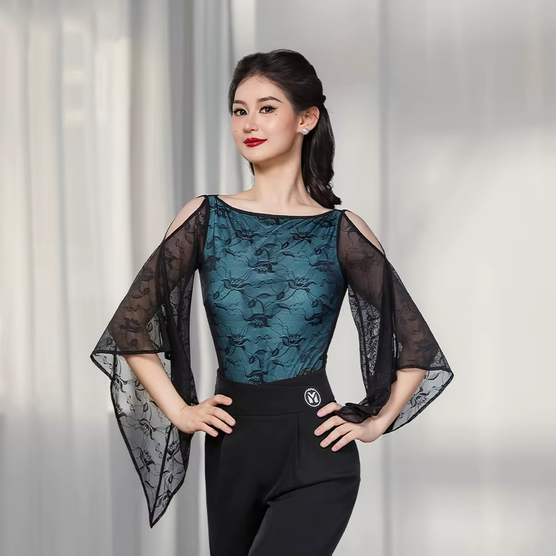 Haut de danse moderne pour femmes, manches évasées, body en maille, robe Chacha Rumba Tango, vêtemen