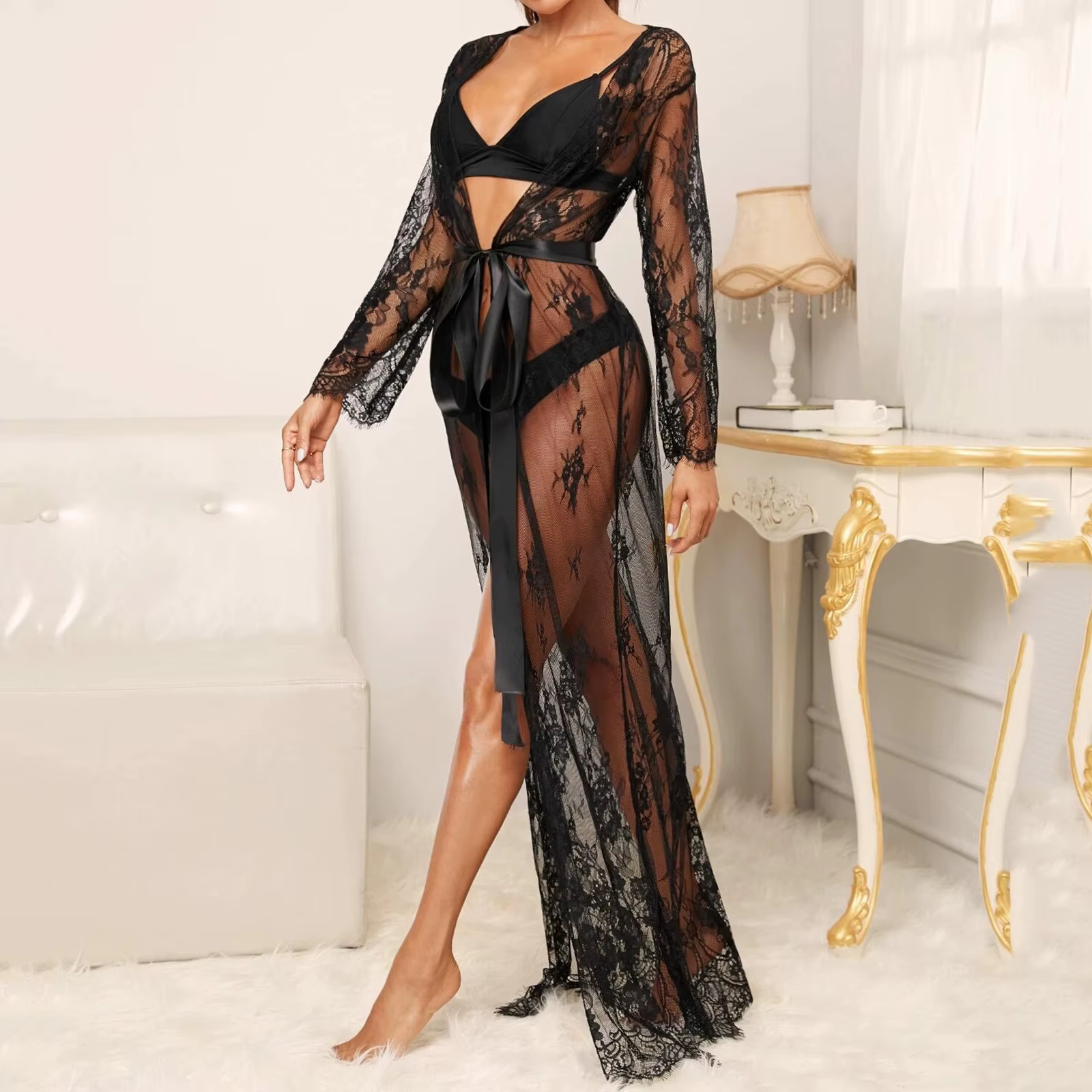 Sous-vêtements transparents pour femmes, longue robe Sexy transparente en dentelle érotique, chemise