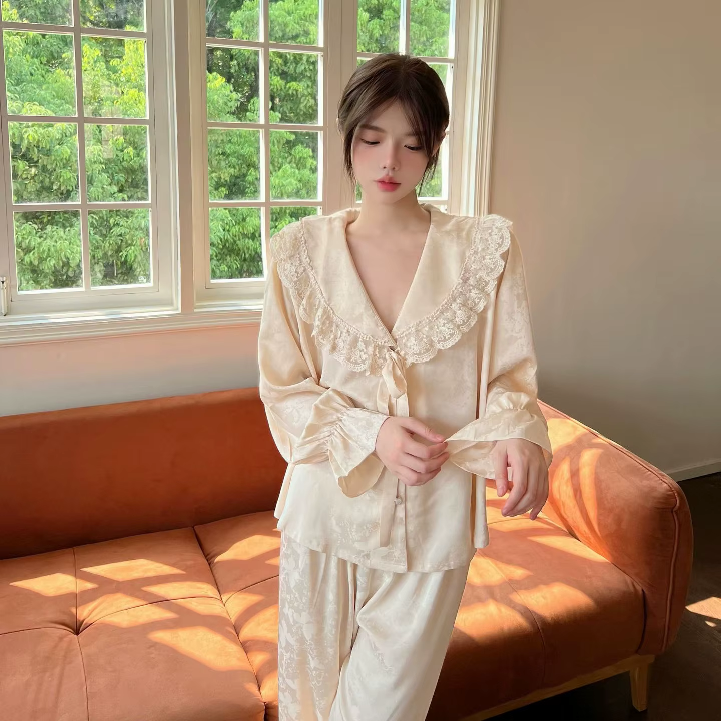 Ensemble de pyjamas à revers en dentelle pour femmes, chemise de surintendant, olympiques de salon, 
