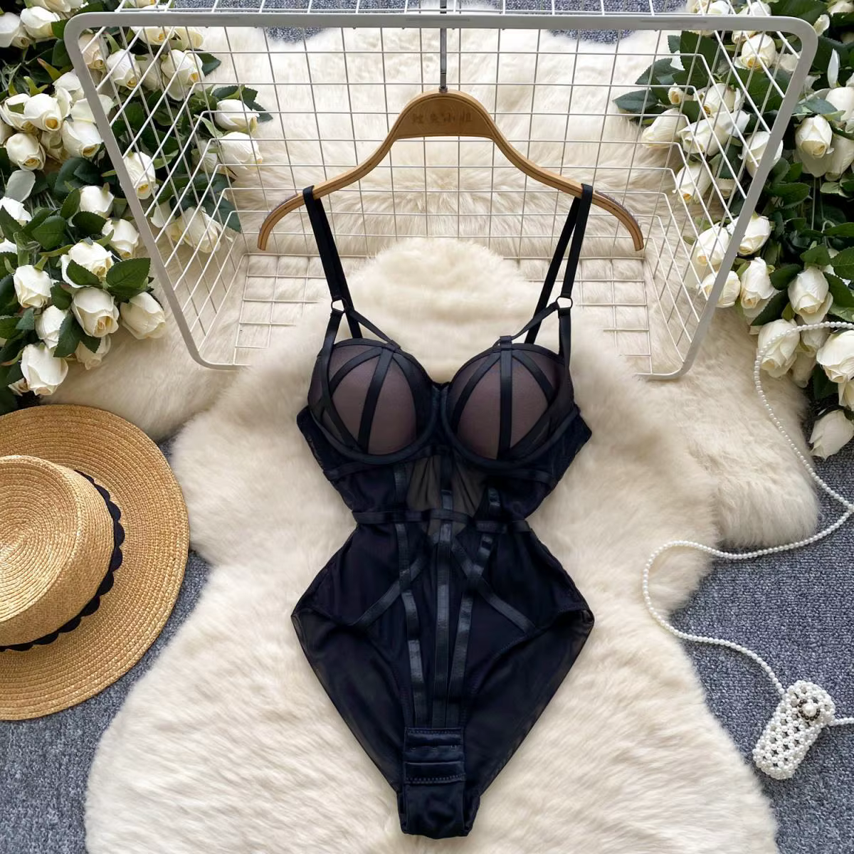 Body Corset Sexy pour femmes, combishort court en gaze sans manches avec entrejambe ouvert, Design f