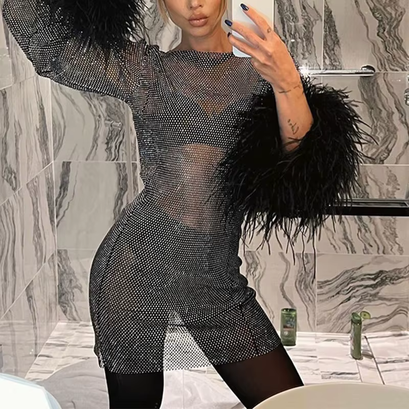 Robe de soirée en maille brillante pour dames, mini robe, plume, manches longues, tambour, robes de
