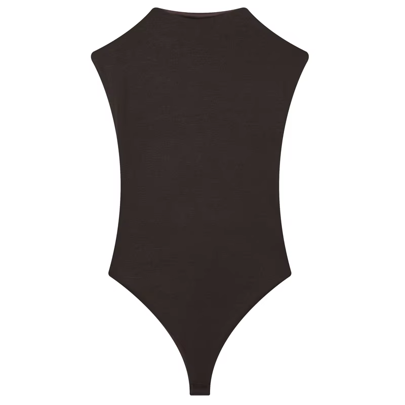 Body moulant marron sexy pour femme, design dos évidé, sans manches, dos nu, col montant, style déba
